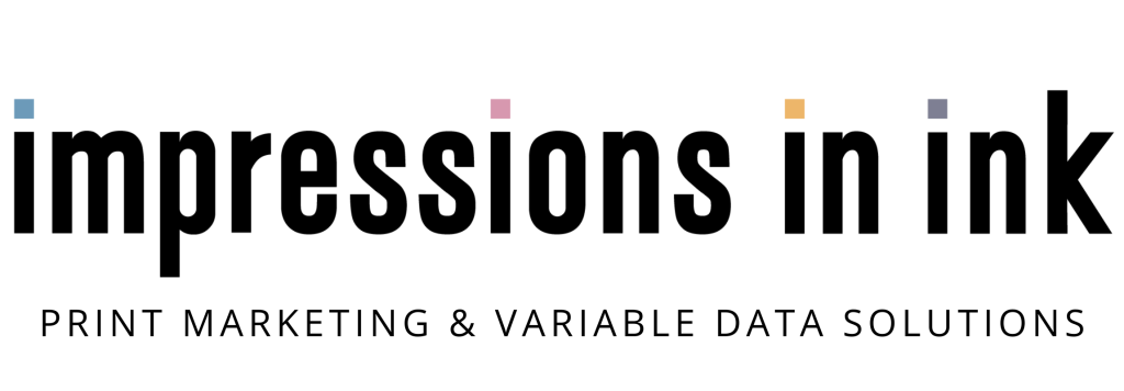 Logo of 'Impressions in Ink' featuring stylized text and colorful dots, emphasizing print marketing and variable data solutions.
